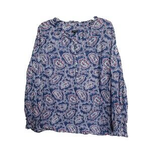 Talbots Plus Blue Paisley Ruffle-Collar Half-Placket Long Sleeve Cotton Top 2X